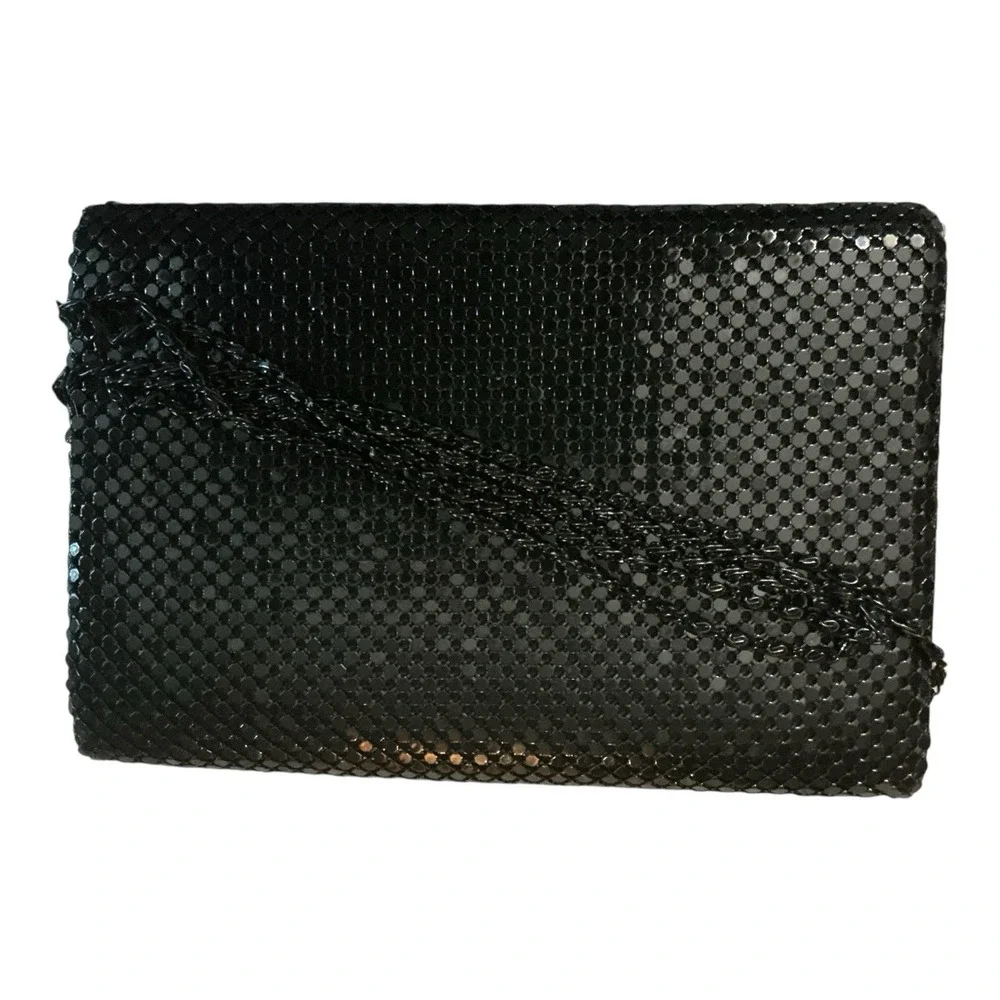 Vintage Metal Mesh Clutch Gold Trim w/ Beade Chain Envelope Style Disco Cocktail